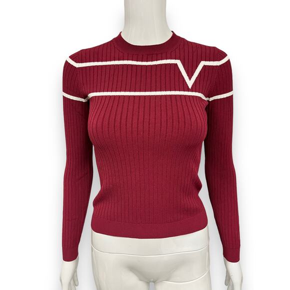 VALENTINO GARAVANI Red Fine Ribbed-Knit V Logo Crewneck Pullover Sweater XS